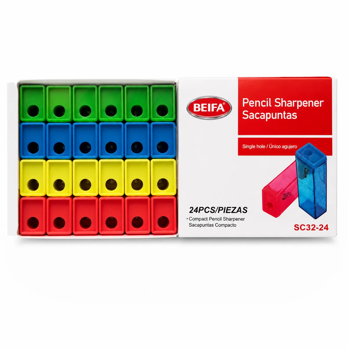 BEIFA Single Hole Pencil Sharpener - Assorted Colours, 24 Pack