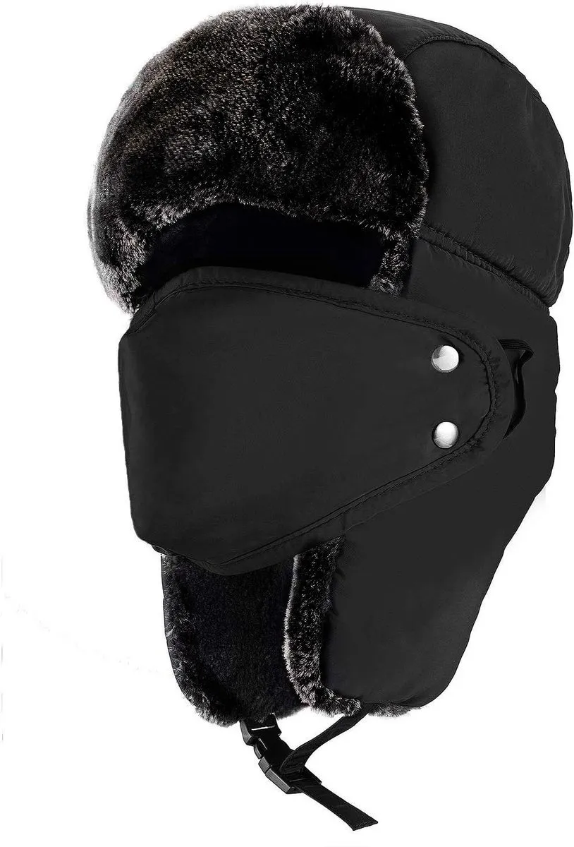 Trapper Hat Ski Hat Windproof Winter Russian Hats with Mask Ushanka Hat - Black