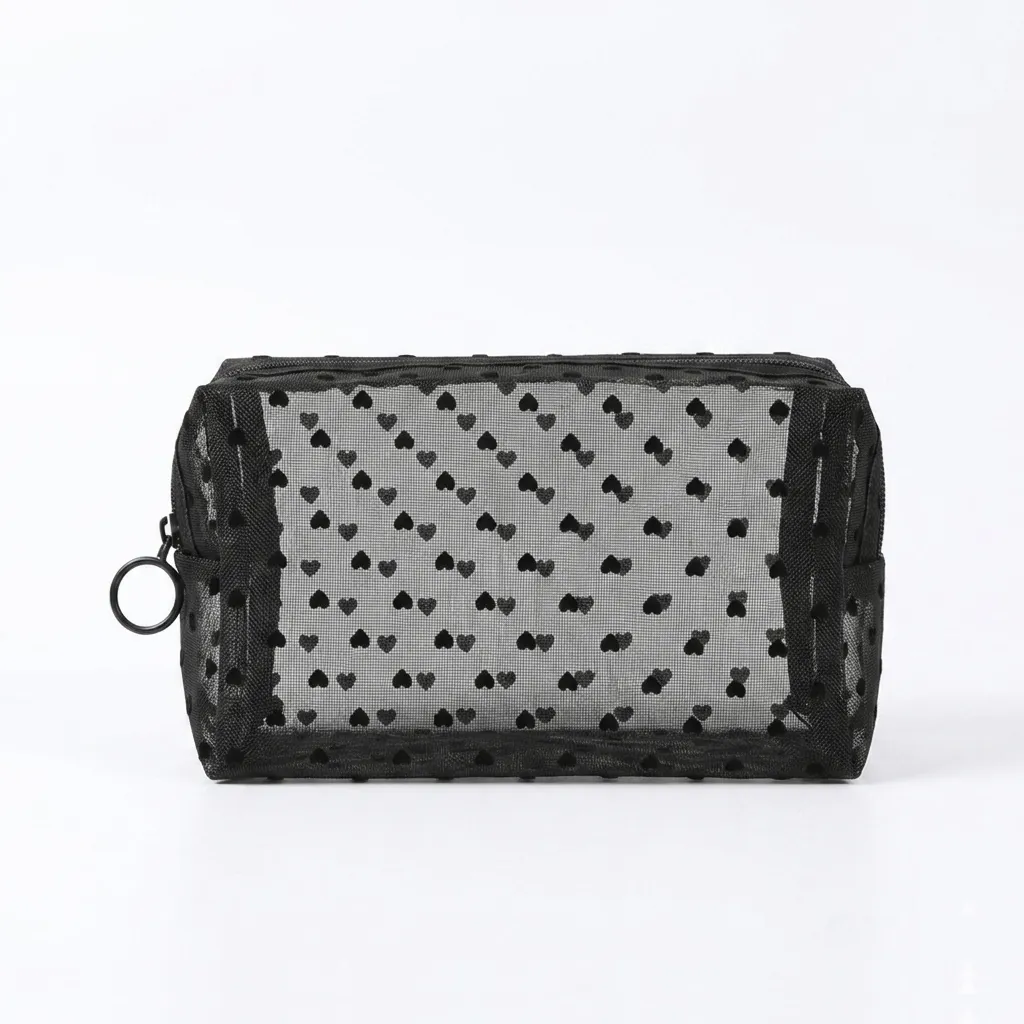 Mesh Heart Makeup Bag, Rectangular Cosmetic Toiletry Pouch - Black