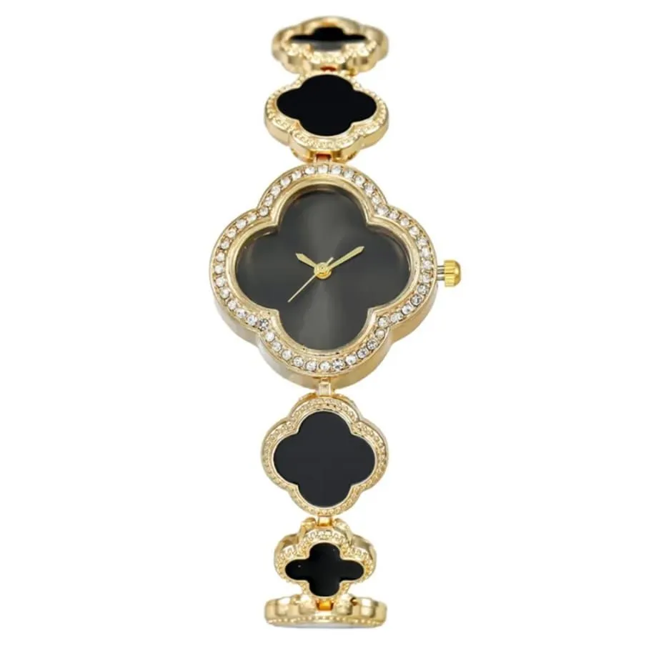 FLOWER CLOVER FASHION Lovely Bracelet Quartz Wrist Watches - Black