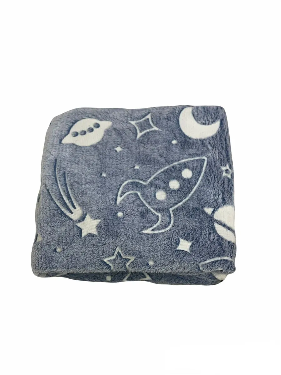 Magic Glow in The Dark Blanket Throw with Star Sky Objects - Blue