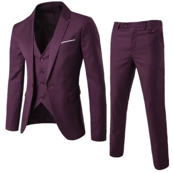 Men's 3 piece, Notched Lapel, Jacket Vest & Trousers Set -Maroon