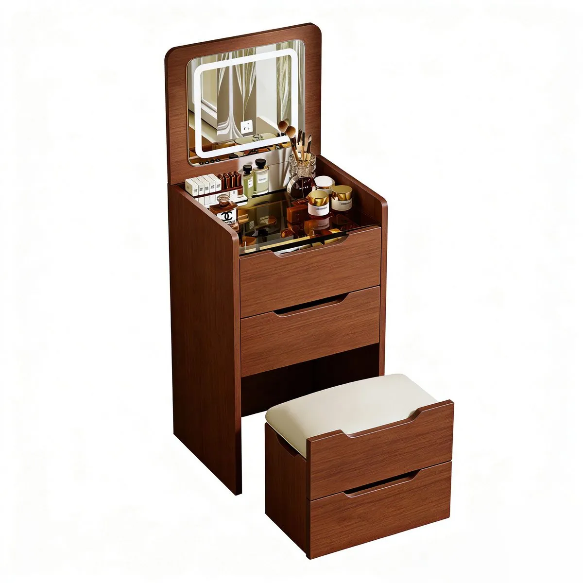 Space-Saving LED Vanity Table with Mirror, Stool & Storage | Dressing Table - Brown