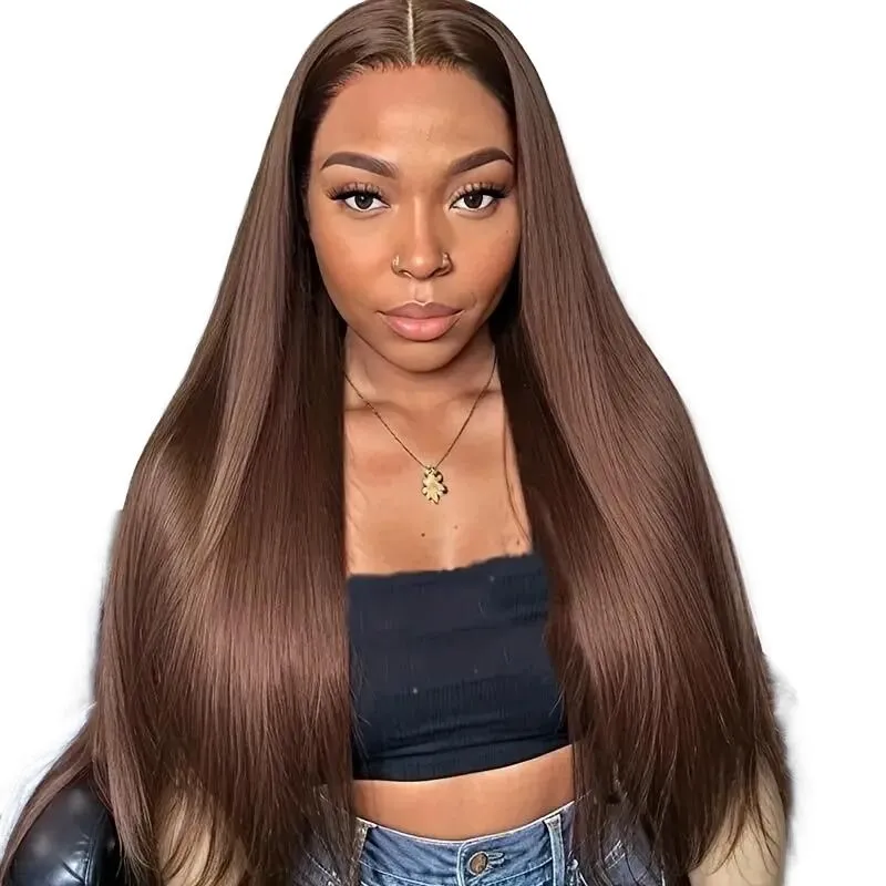 Dark Brown Straight Brazilian Hair 13x4 Glueless Lace Frontal Wigs 22inch