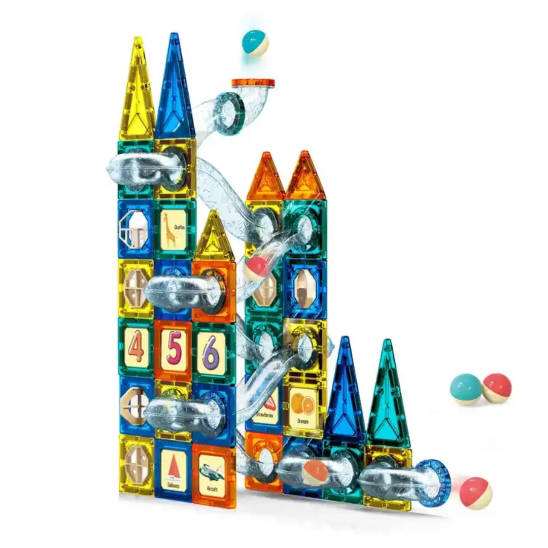 Marble Run Magnetic Tiles with Running Ball - Educational Block Set - 73 Pieces