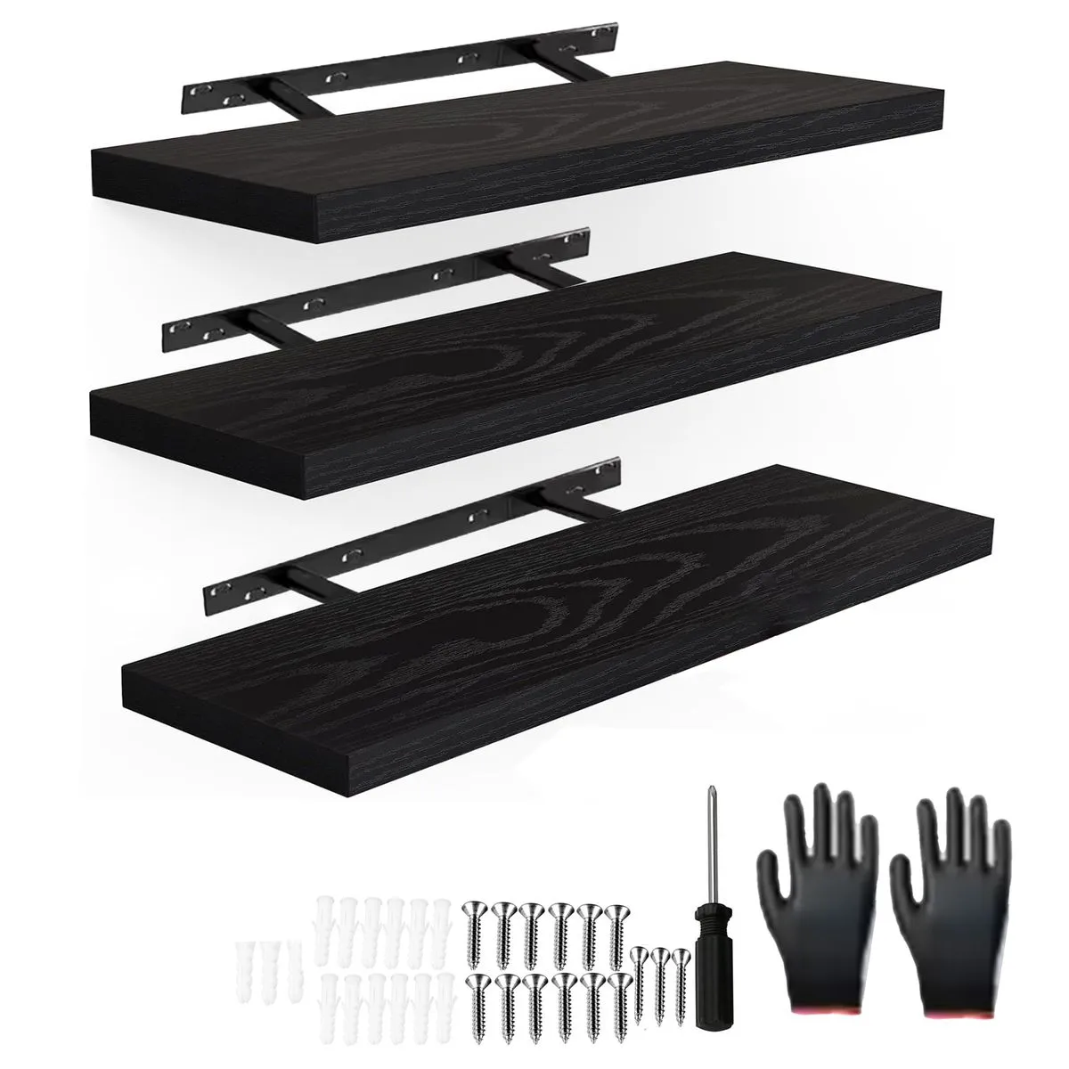 3 Floating Display Shelves with Invisible Brackets - Wall Mount Decor Bathroom - Black