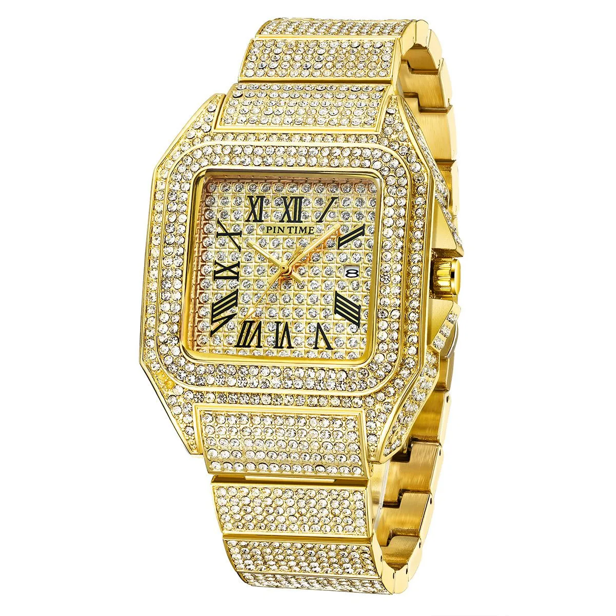 Quartz Square Diamond Calendar Watch - Gold