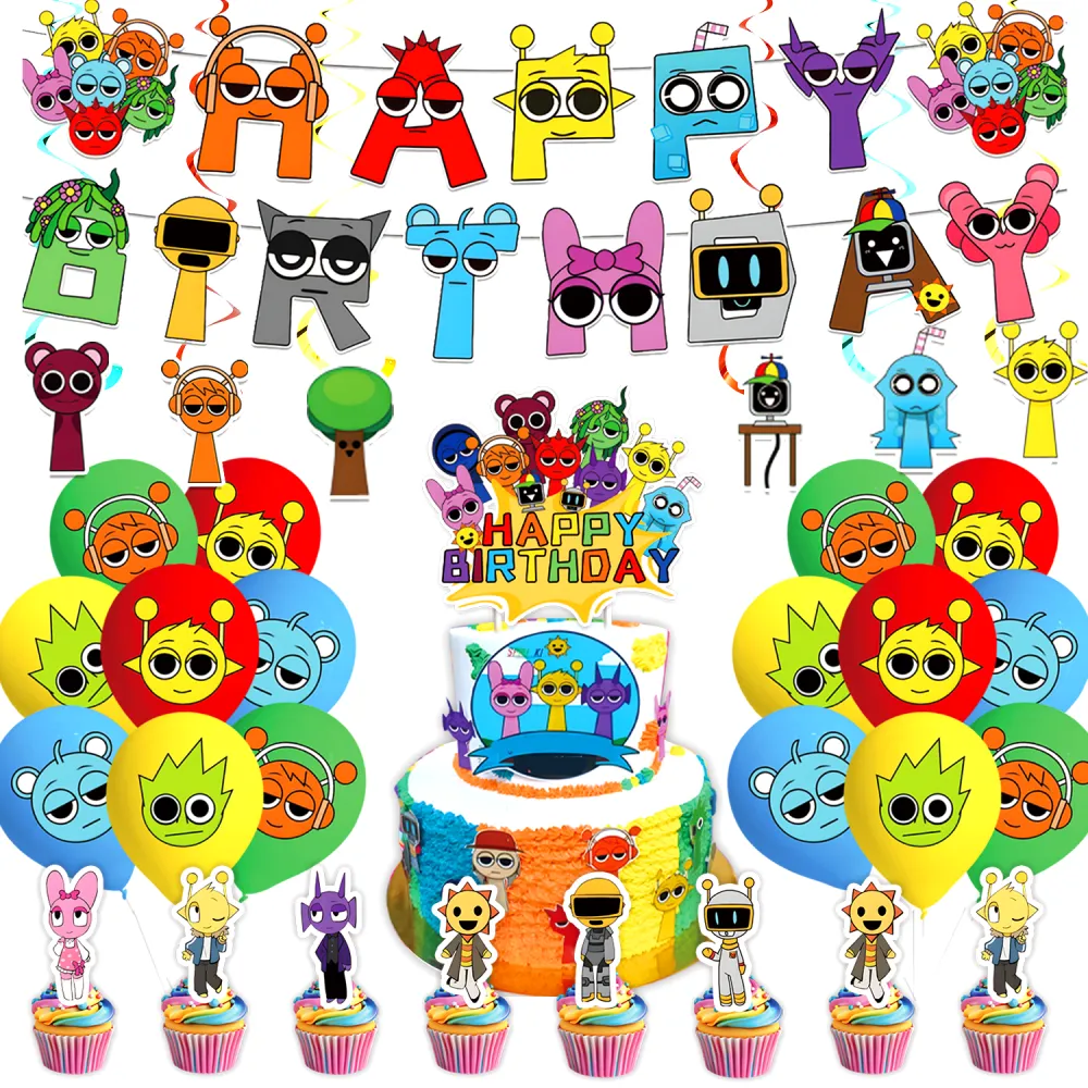 Sprunki Plush Rhythm Box Party Supplies Set - Banner, Swirls, Balloons