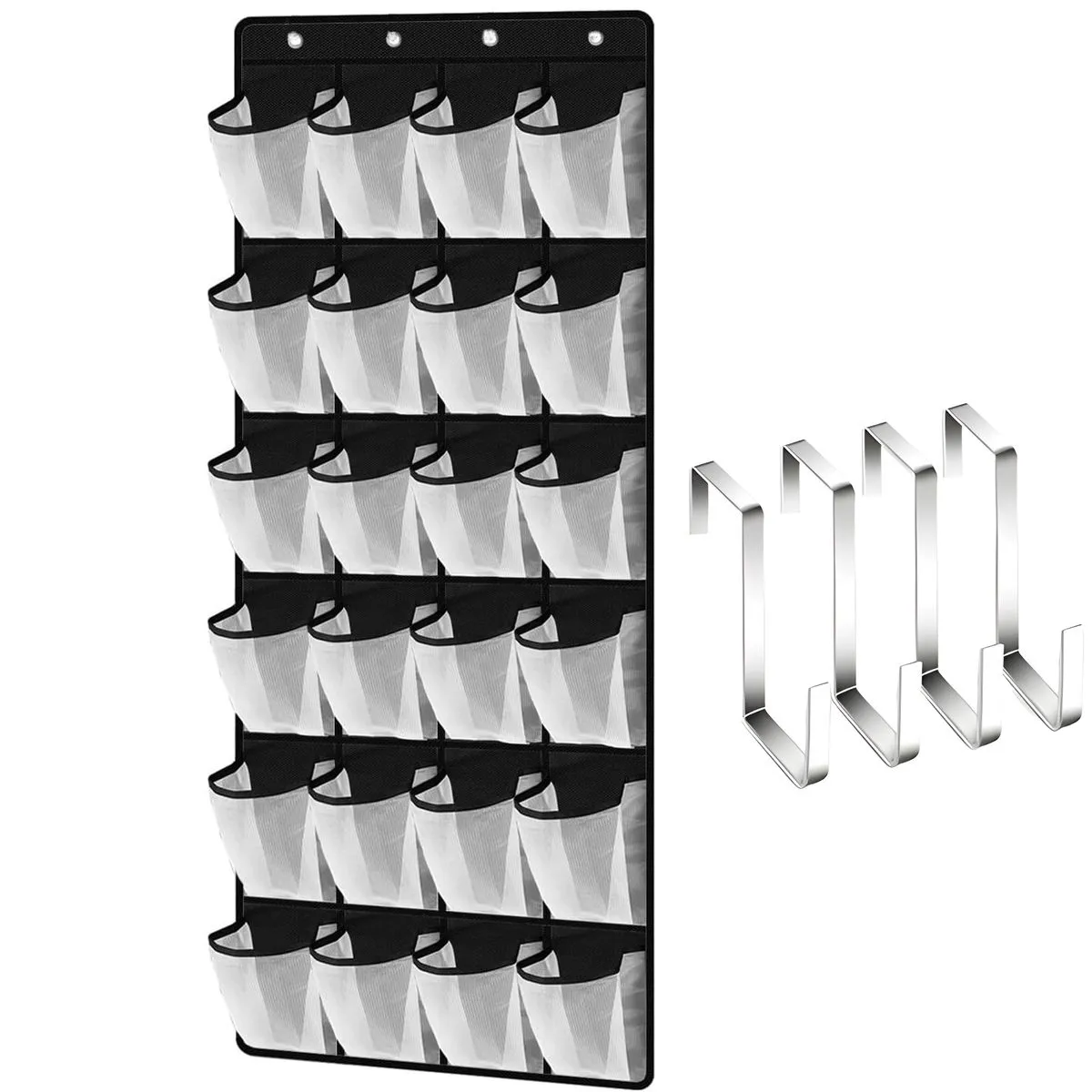 Hanging Shoe Organizer 24 Large Pockets Over The Door Shoe Rack with 4 Hook - Black