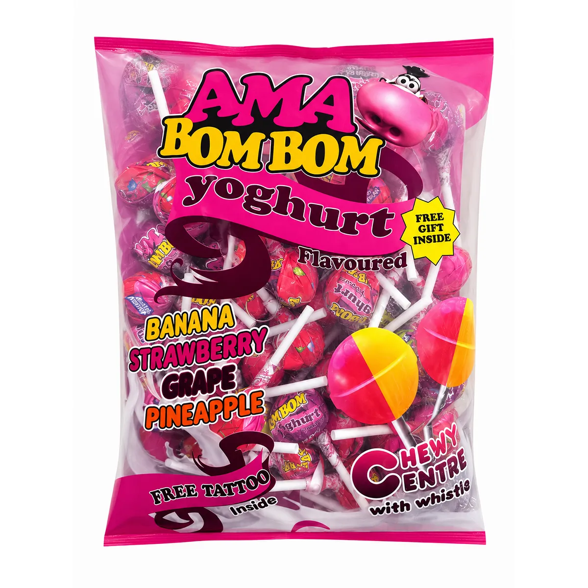Ama Bom Bom Yoghurt Flavoured Banana, Strawberry, Grape, Pineapple Lollipop
