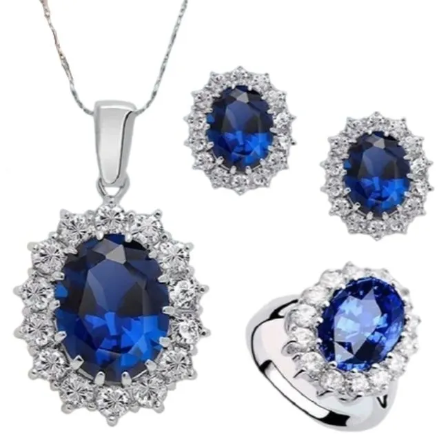 Women 925 Silver Jewellery Set with Round Stone - 3 Piece - Dark Blue