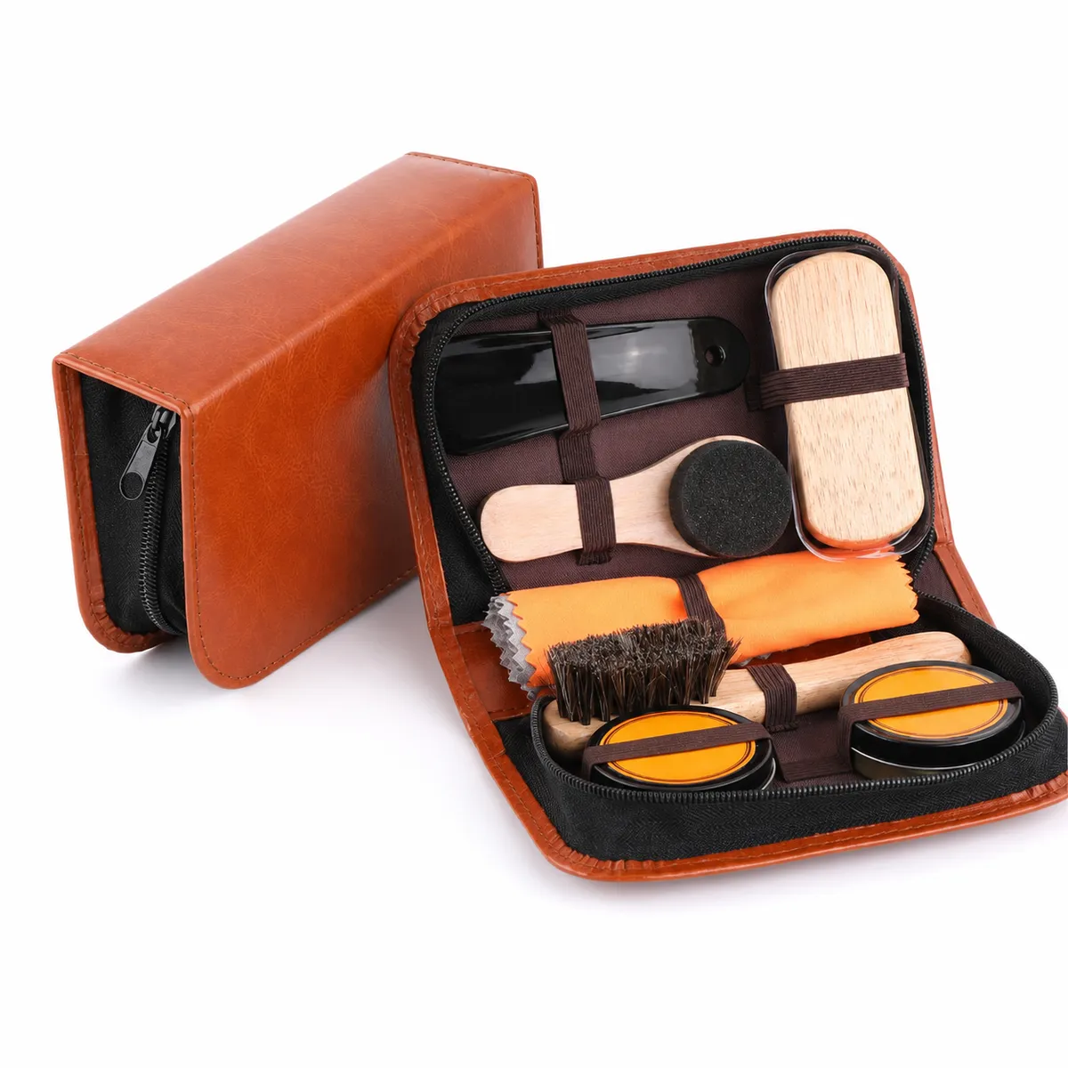 Leather Shoe Care Kit with Travel Case, Brushes & Polish 8-Piece