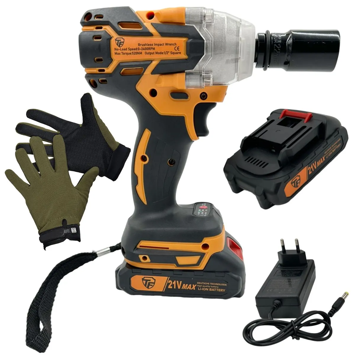6 Piece Wireless Impact Wrench Set With 2 Lithium Battery Packs, Case & Gloves