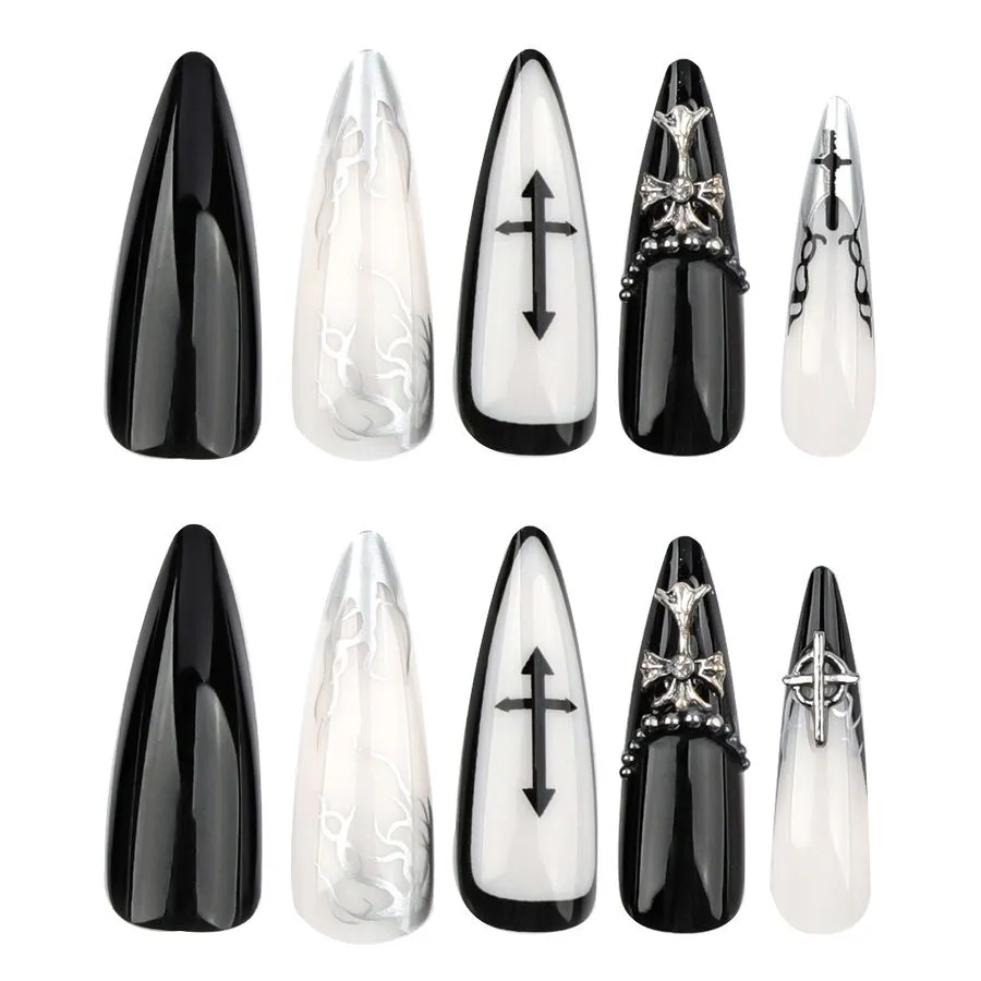 Nail Art-Black Cross Wearable False Nails Daily Use