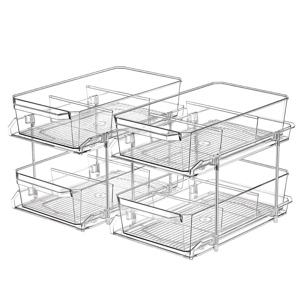 2 Set, 2-Tier Clear Organizers with Dividers, Slide-Out Storage Container