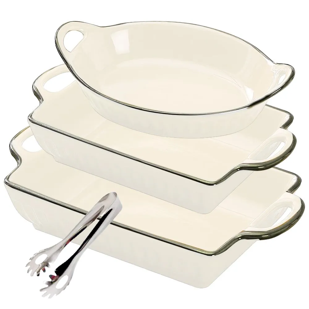 4 Piece Set - Large Bakeware Beautiful Glazed Rim Casserole Baking Dish