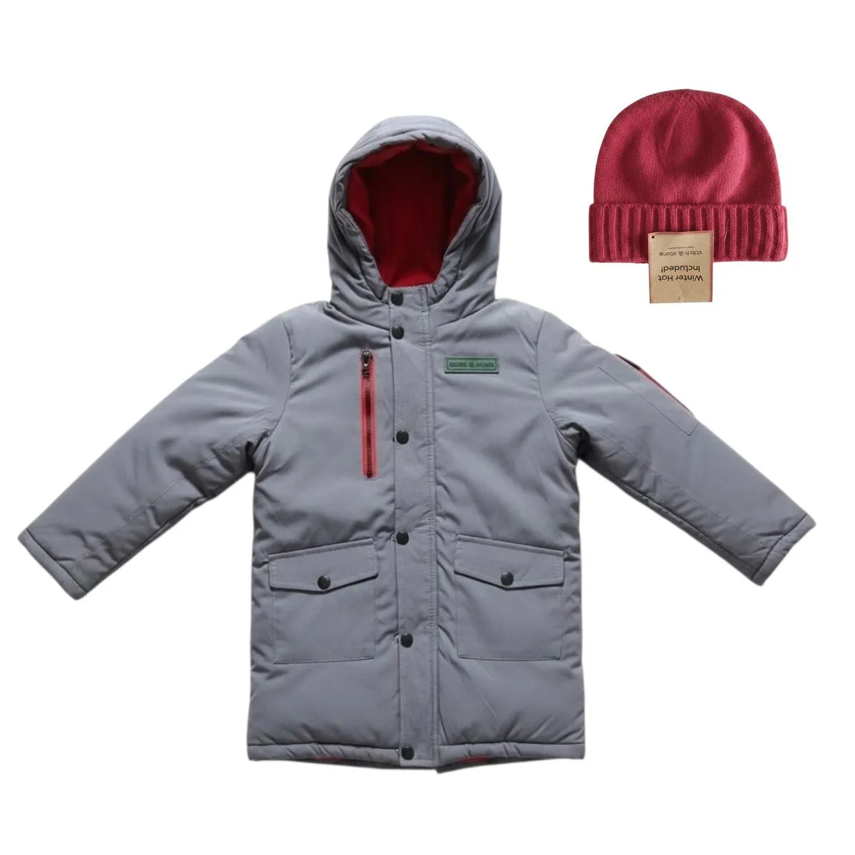 Grey Cotton Slim Parka Jacket For Boys With Knit Winter Beanie For Kids