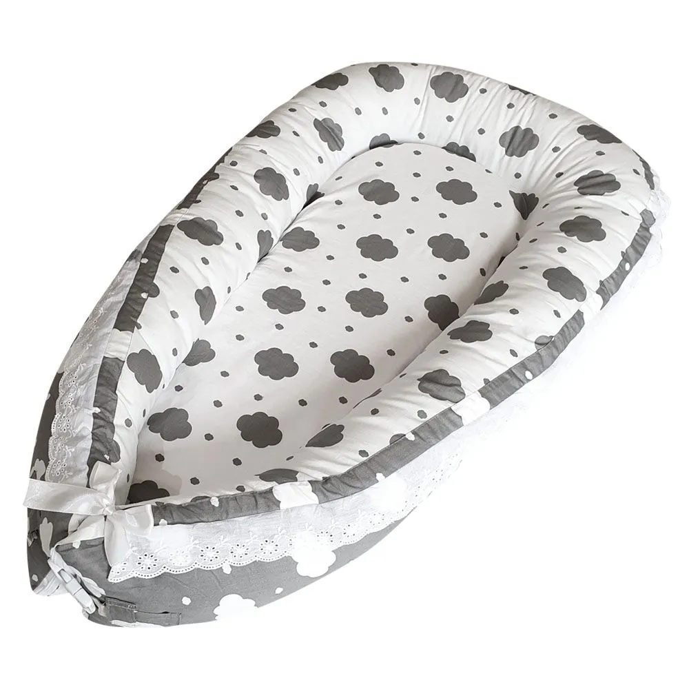 Portable Baby Nest and Co-Sleeper - White with Grey Clouds