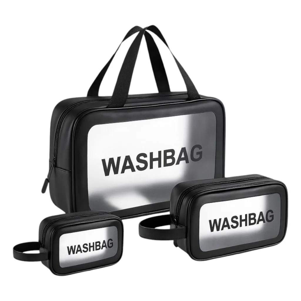 3 Piece-Transparent Travel Toiletry Bag Set With Handles and Zipper Closure - Black