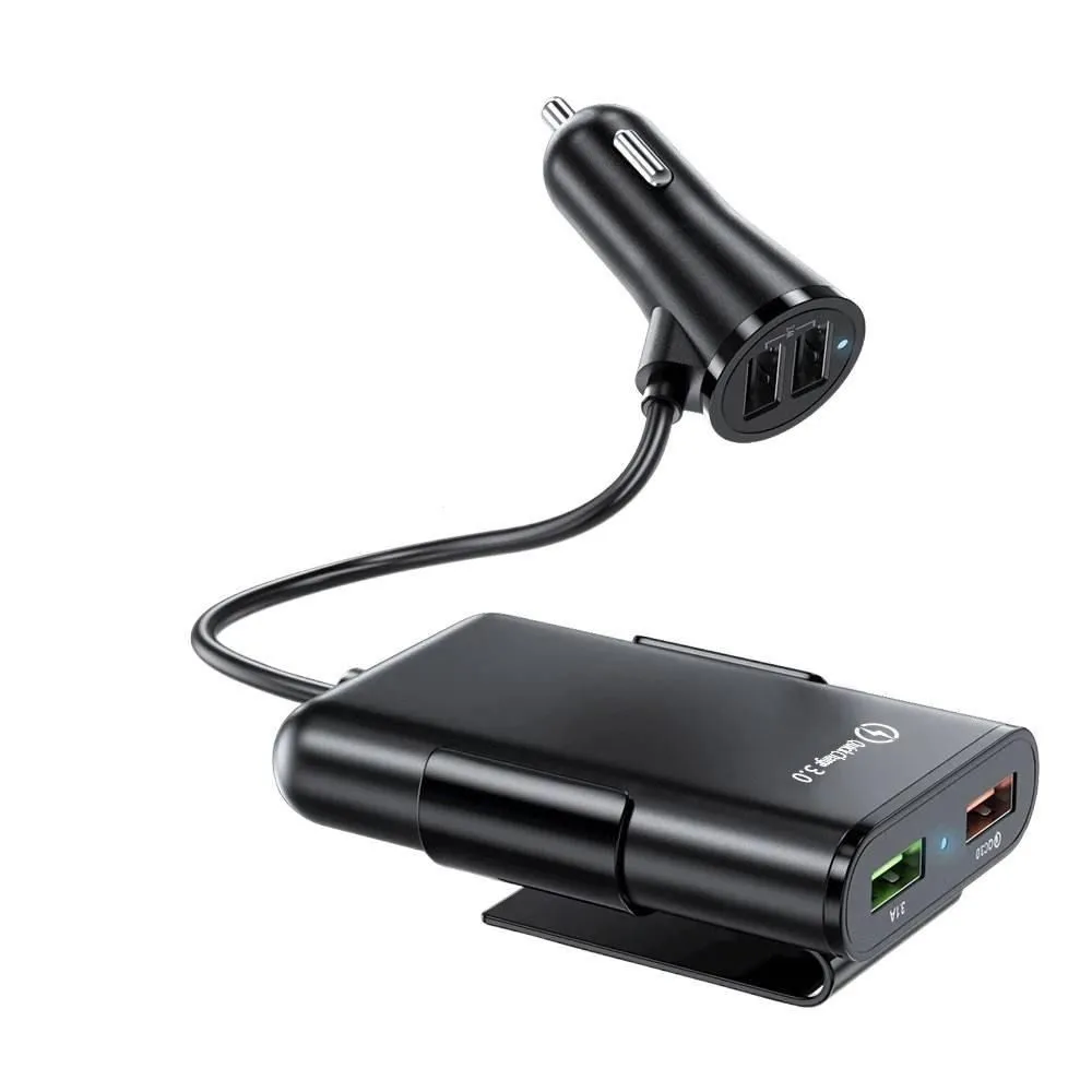 Black 8A 4-Port QC3.0 Car Charger with Cable