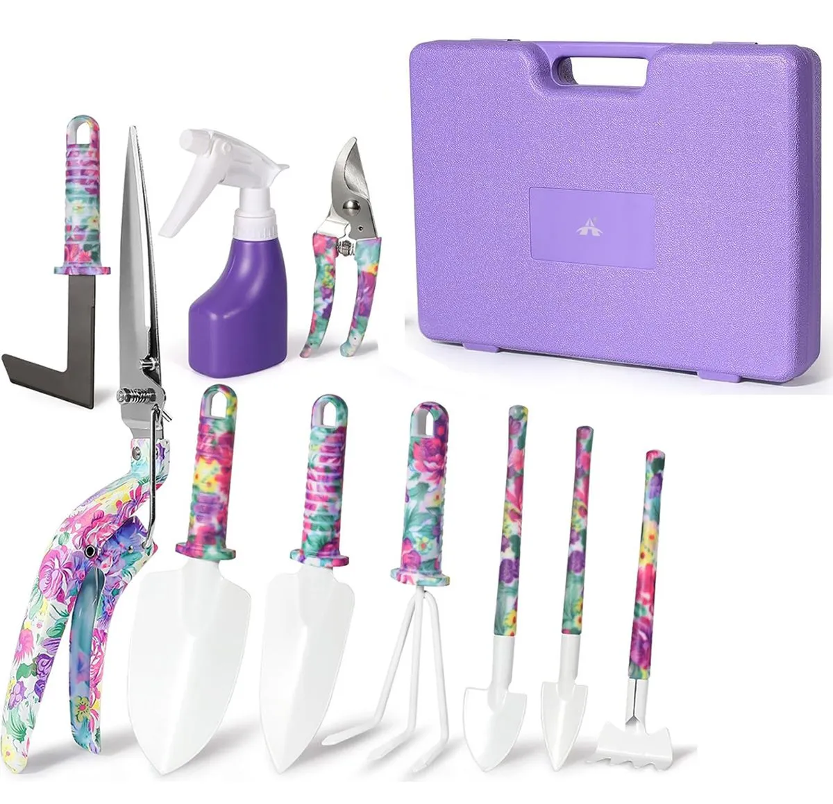 ALANES 10 Pieces Purple Floral Print Gardening Hand Tools