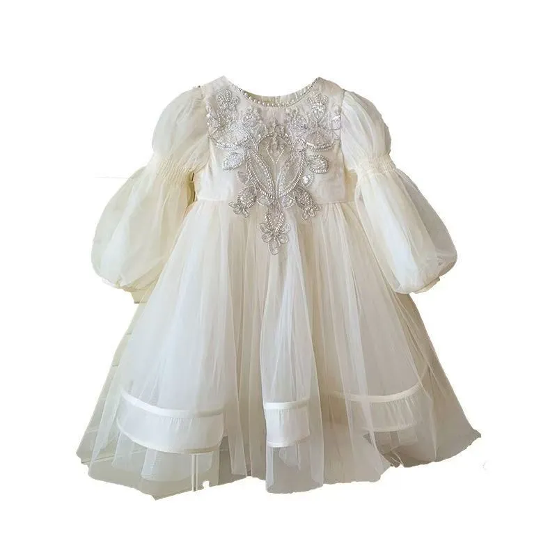 Elegant Beige Tulle Flower Girl Dress with Beaded Embroidery