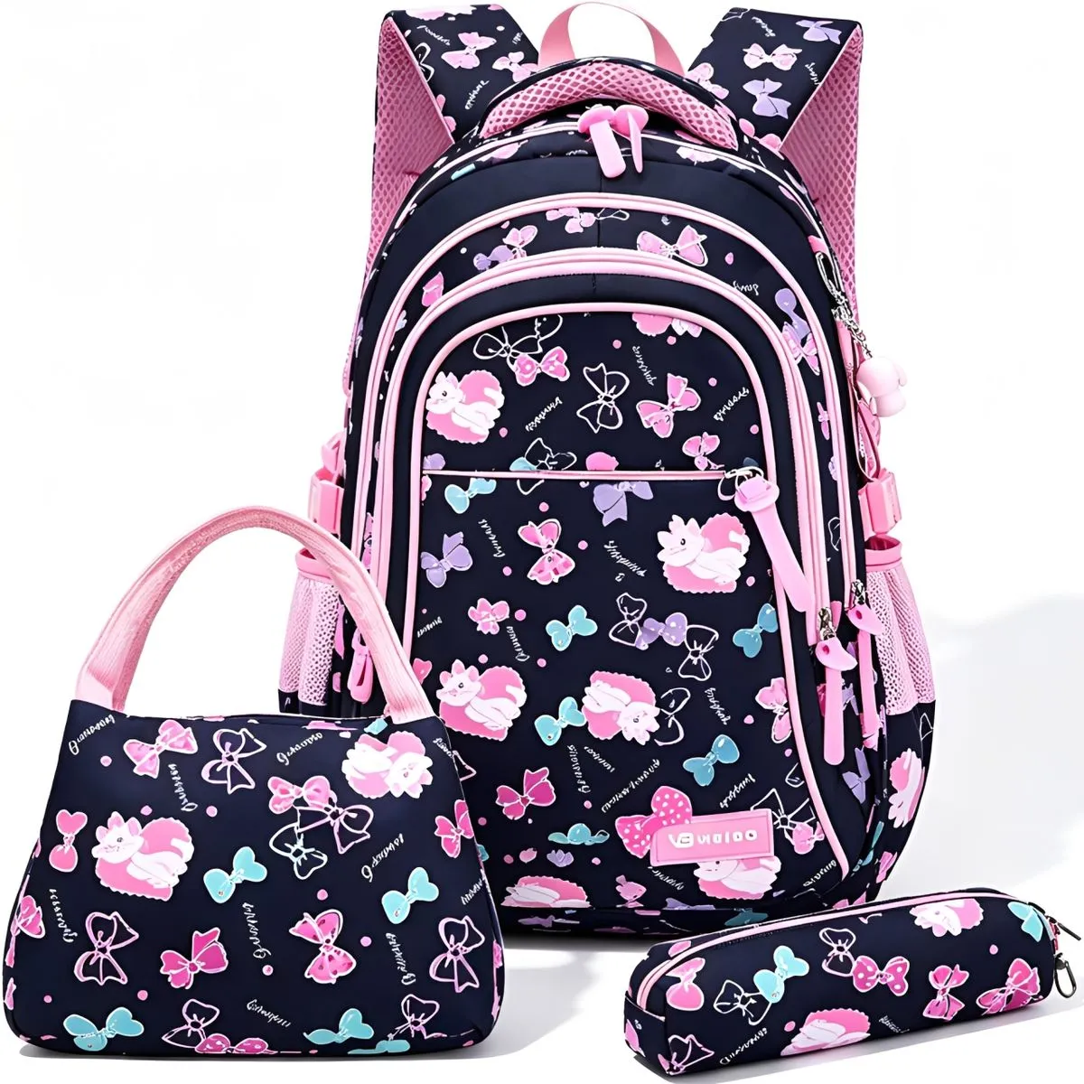 3Pcs Girls Backpack Set for Kids School Bags with Lunch Box Pencil Case - Black
