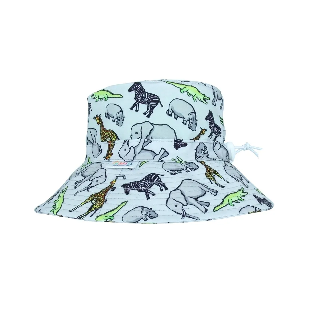 Moosel Hats Kids Wide Brim Bucket Sun Hat - Grey Safari Animals
