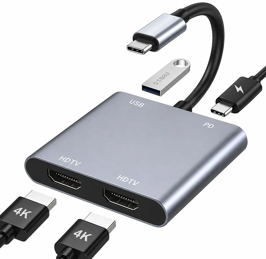 USB-C To Dual HDMI 4-In-1 Converter Hub & USB Flash Drive Port PD Input CM