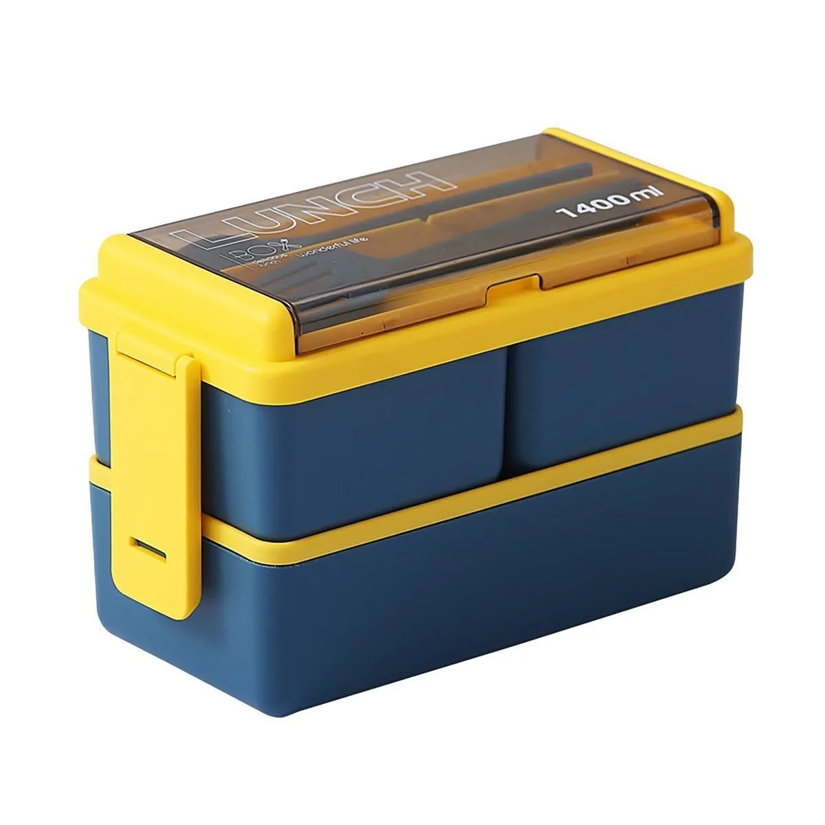 Yax 4 In 1 Double Layer Plastic Lunch Box With Cutlery Set - Blue