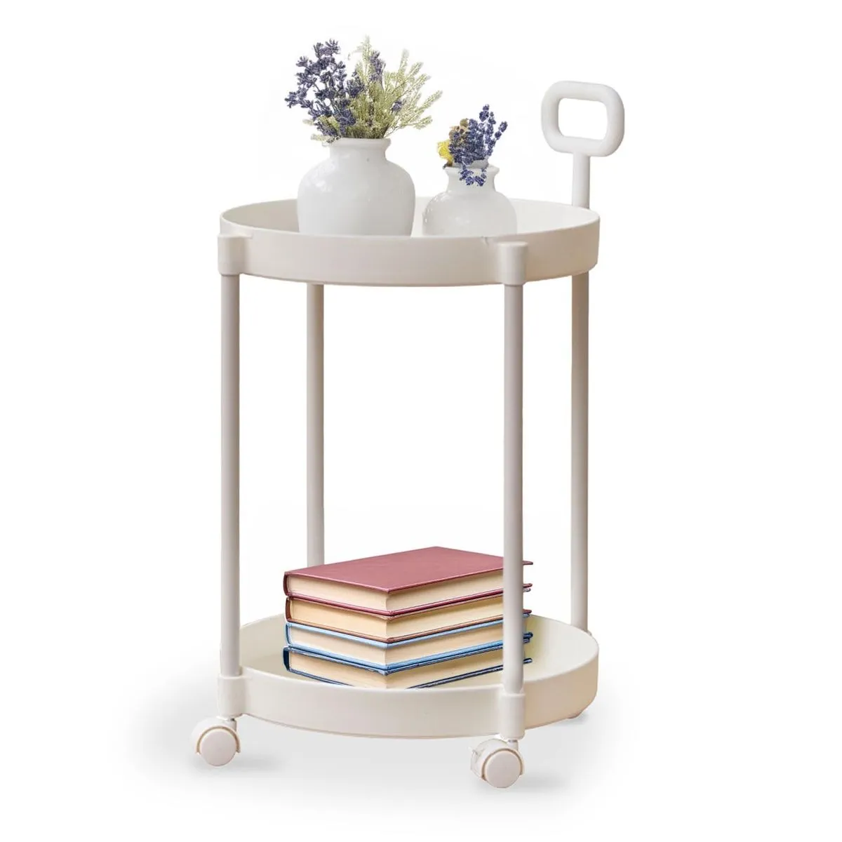 Round End Table,Bilayer Coffee Table w/ Grips & Lockable Universal Wheels