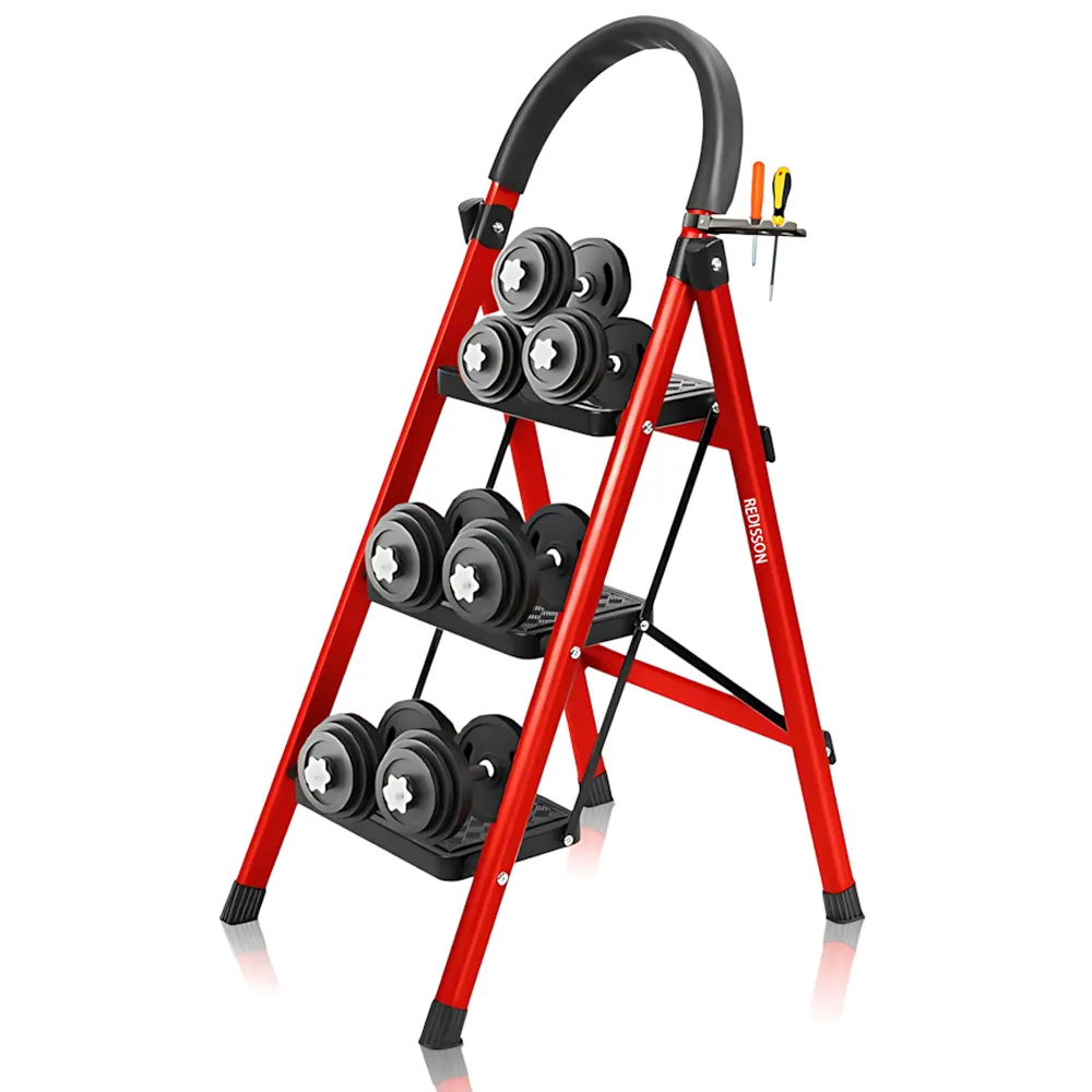 Round Headed 3 Step Ladder,Folding Step Stool,with Safety Buckle Tool Rack - 3 Step Red
