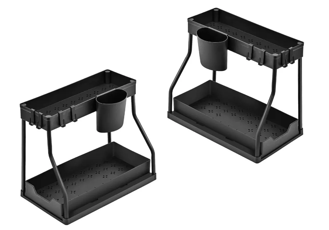 2-Tier Sliding Under Sink Organizer 2 Piece, 15 inch Deep Storage Rack