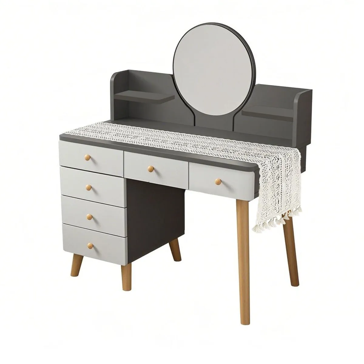 Modern 6-Drawer Vanity Table with Mirror & Cotton Table Runner