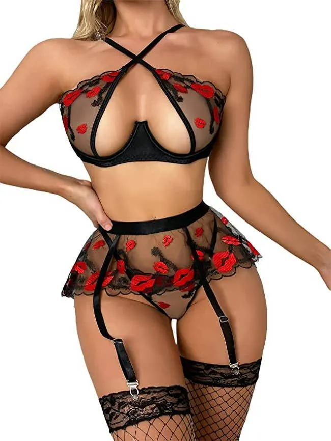 Women Sexy Lingerie Mesh Embroidery Three-point Garter Net Gauze Underwear