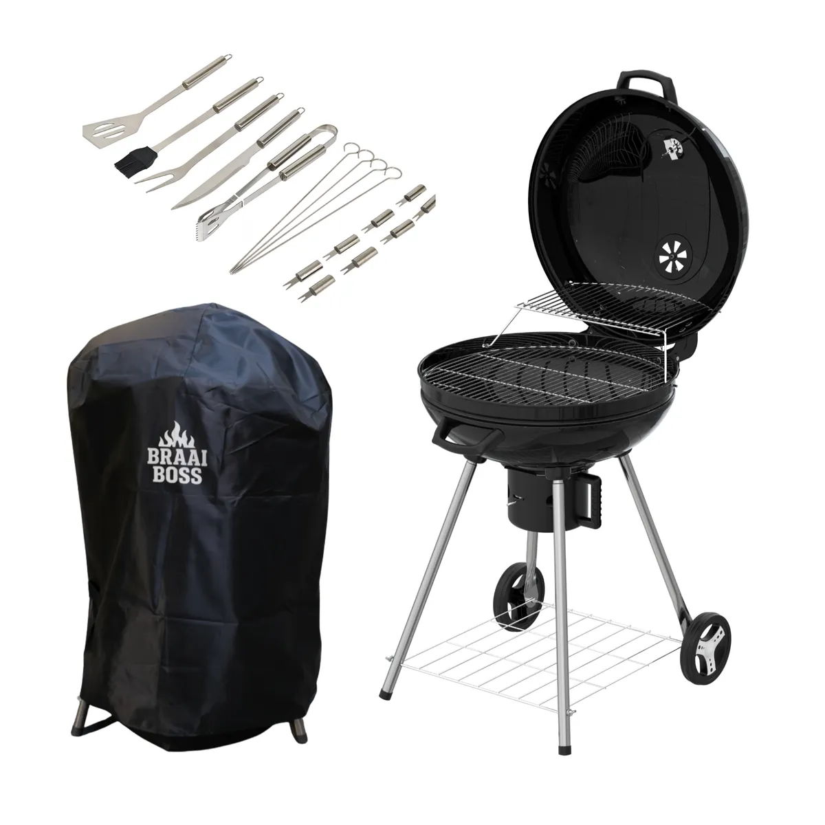 BraaiBoss 57cm Charcoal Kettle Braai - Hinged Lid, Cover & Braai Tool Set
