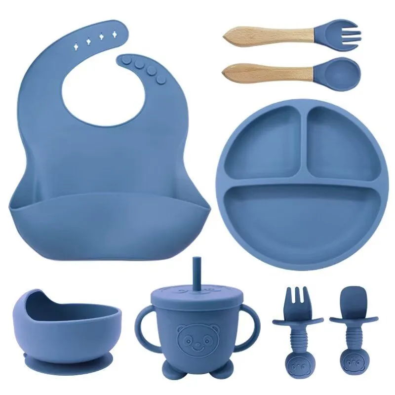 Silicone Baby Feeding Set/Baby Eating Utensils/Self-Feeding Plate - Blue