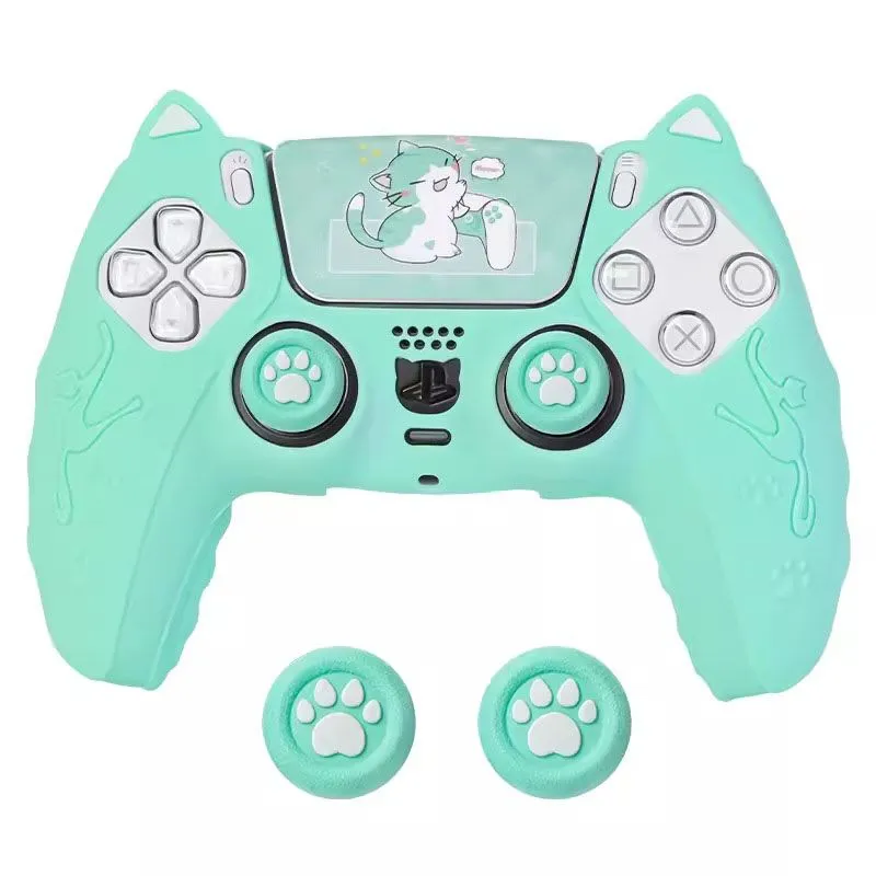 Cat Paw Controller Skin,Silicone Protective Controller Grip and GripCap for PS5 - Green
