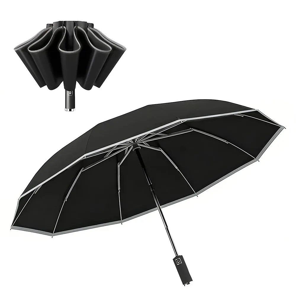 Automatic Folding Umbrella with Reflective Stripe, Windproof Umbrella