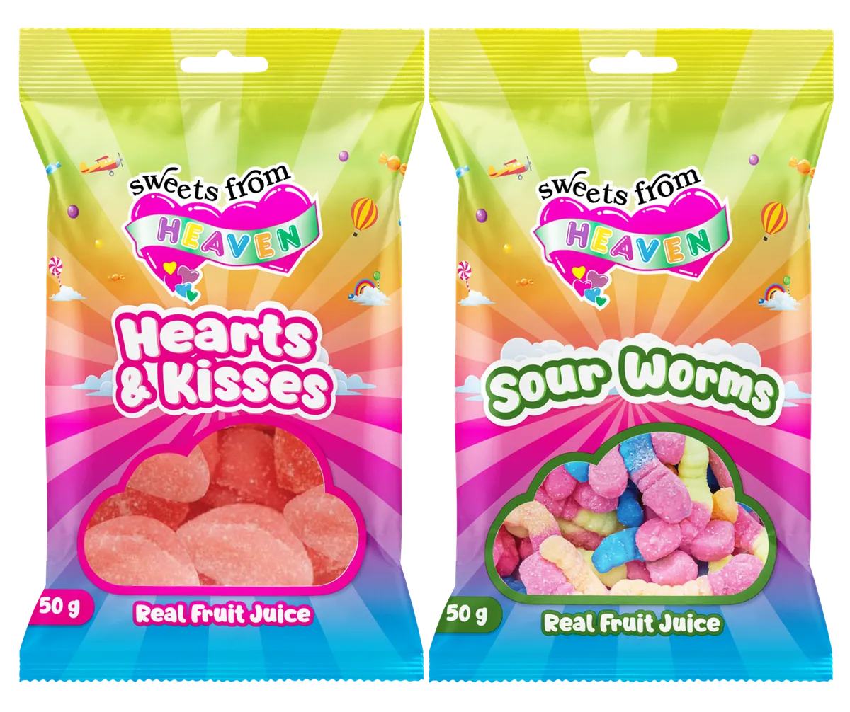 12Pk | Sweets from Heaven | Hearts,Worms | Sweets & Chocolate Hampers | 50g