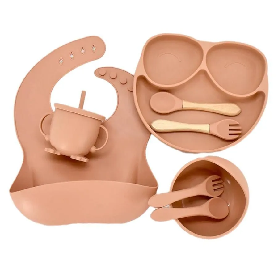 Silicone Baby Training Feeding Set - 8 Piece - Brown