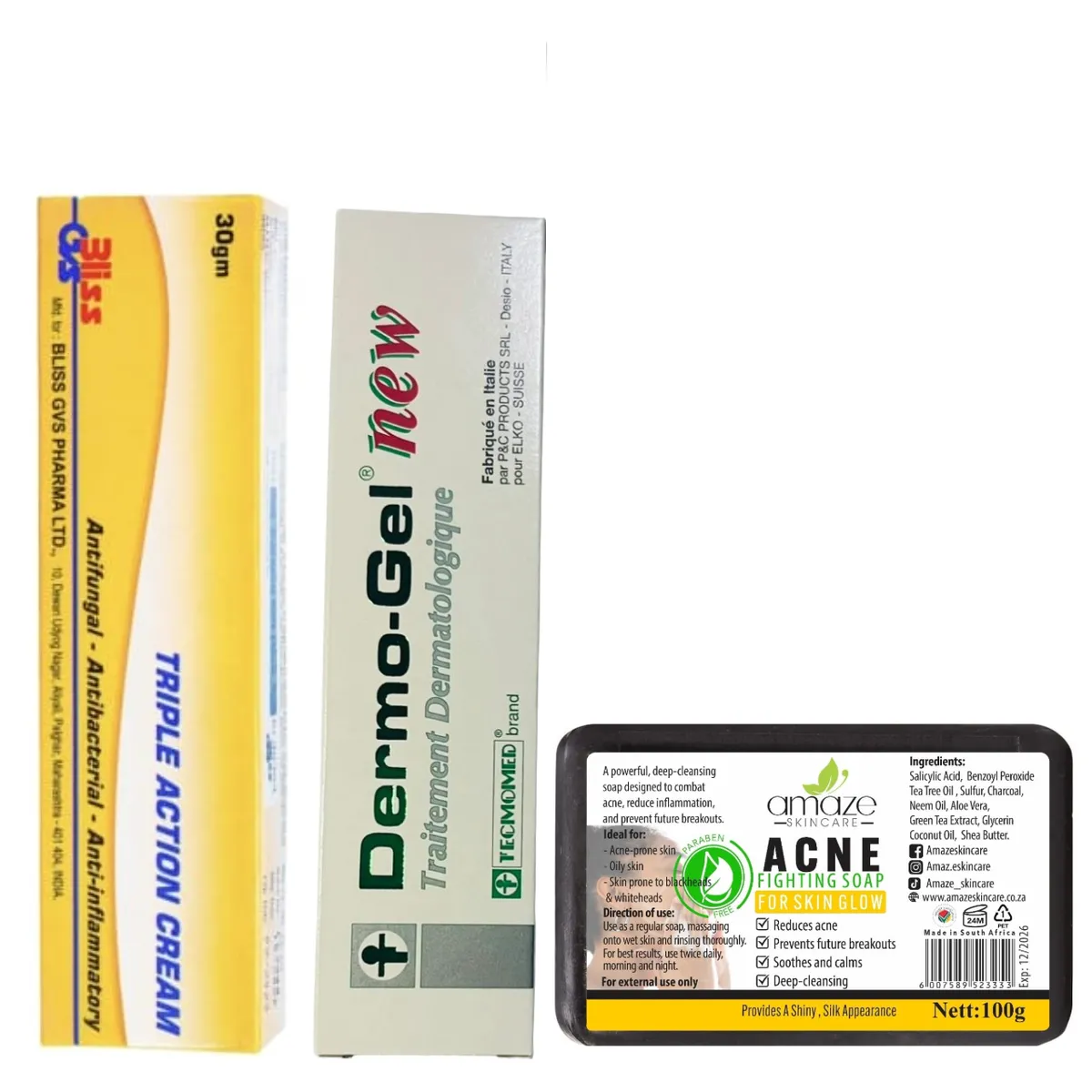 Triple Action Cream,Derm Gel NEW & Amaze Skincare Acne- Fighting Saop