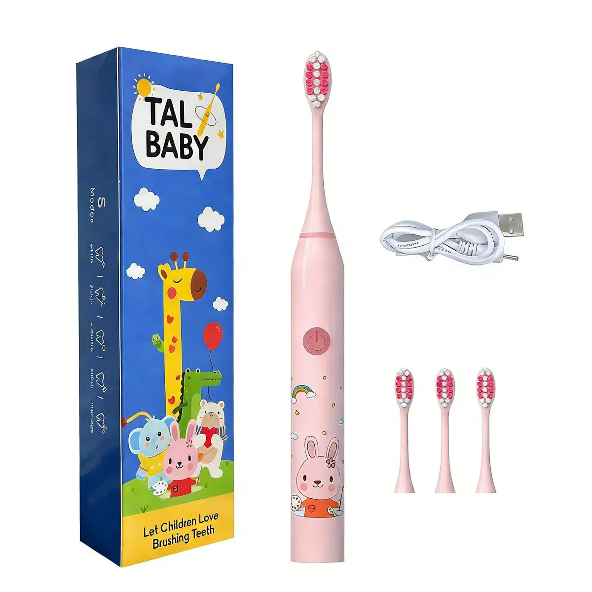 Kids Electric Toothbrush Rechargeable with 4 Soft Brush Heads - Pink