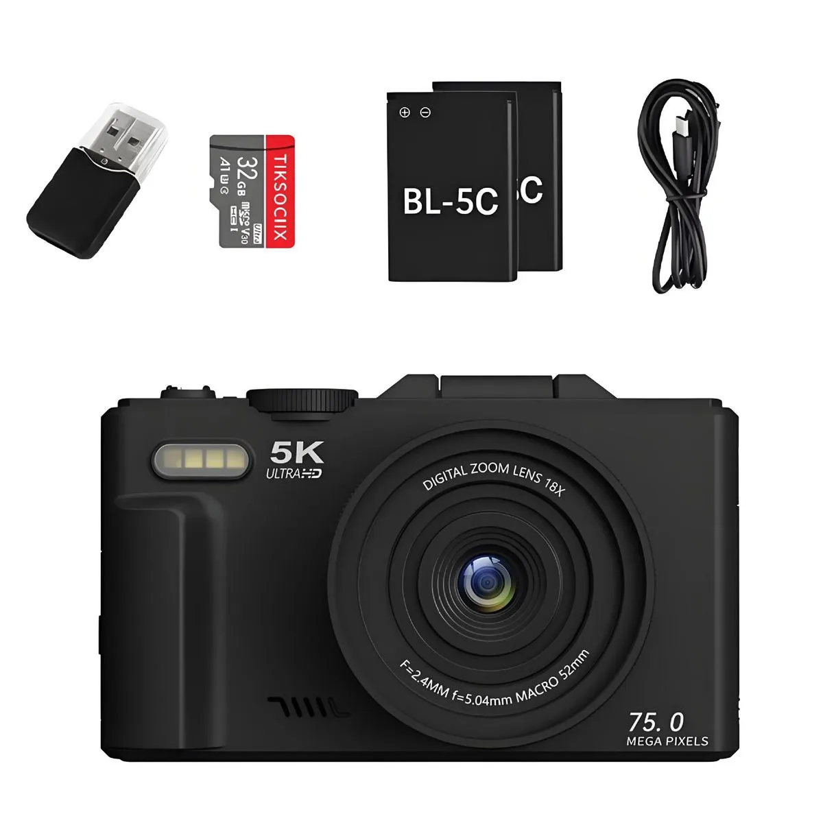 5K Digital Camera for Photography, Autofocus 75MP WiFi Vlogging , - Black
