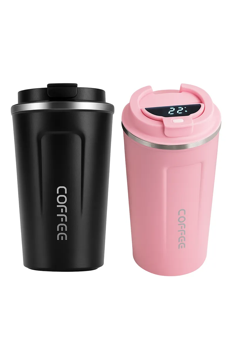2 Pack 510ml Hot &Cold Insulated Flask Temp display Travel Coffee Mug - Black & Pink