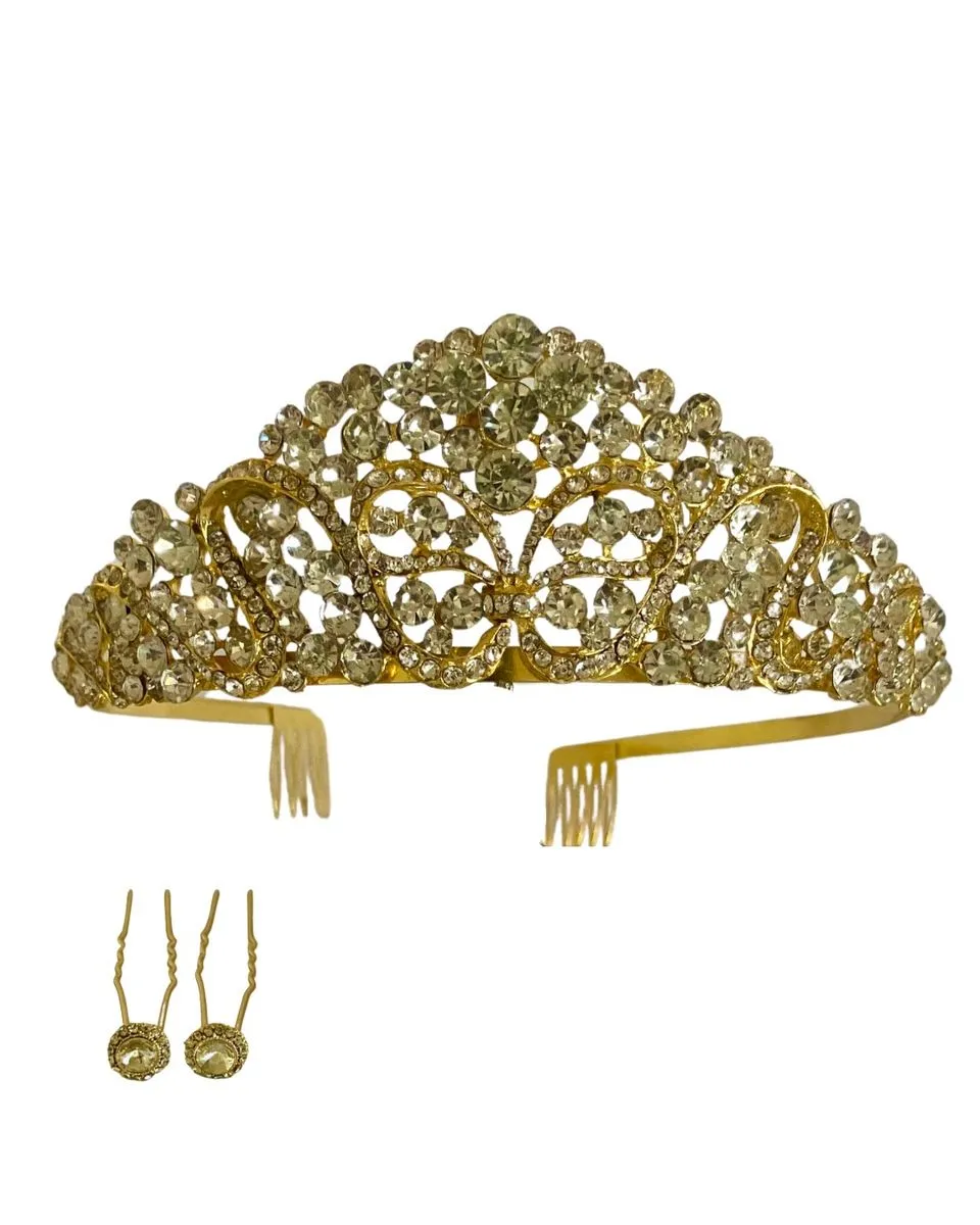Rhinestone Crystal Tiara With 2 Rhinestone Hair Pins - Gold