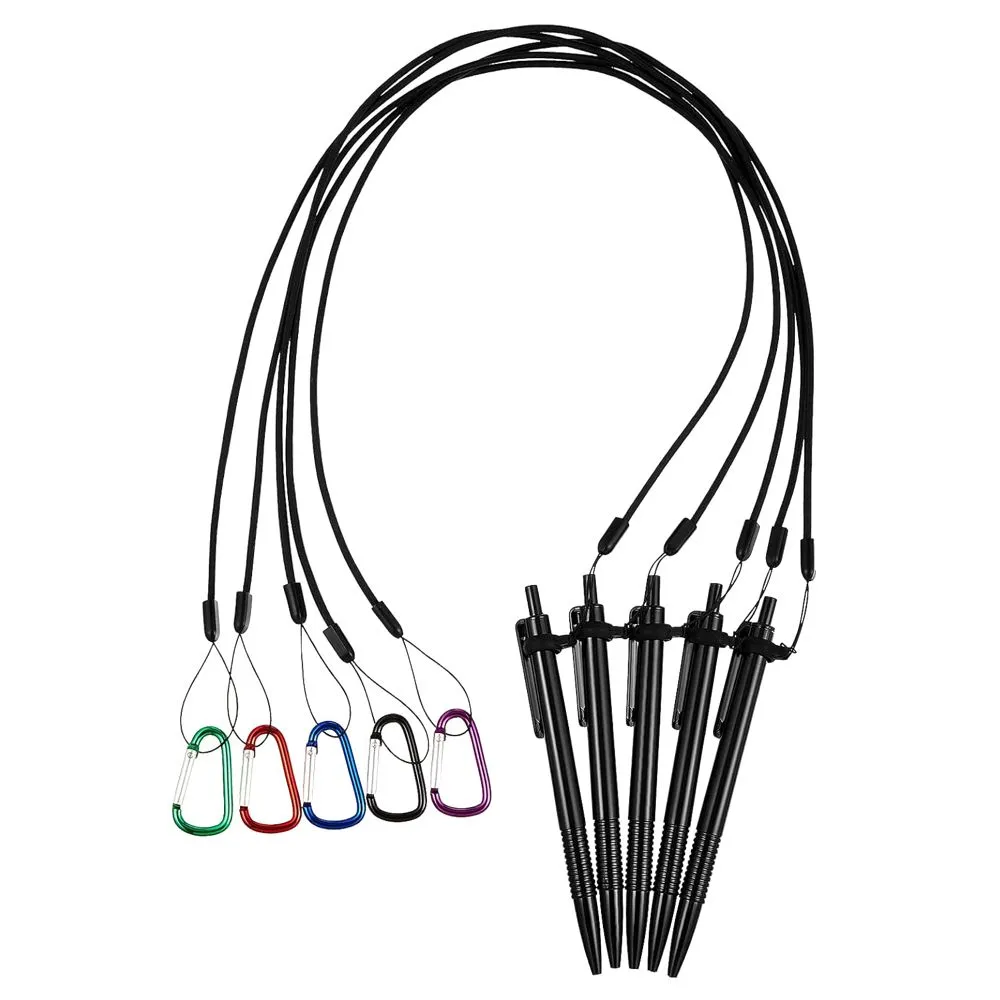 Stationery Elastic Lanyards With Silicone Rings, Carabiners and Pens - 5 Piece