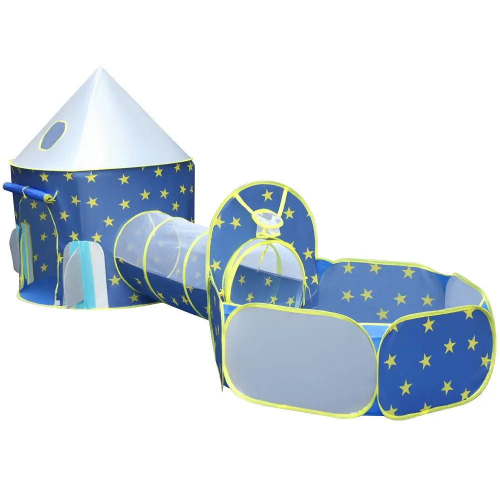 3-in-1 Rocket Kids Play Tent with Crawl Tunnel and Ball Pit - Blue