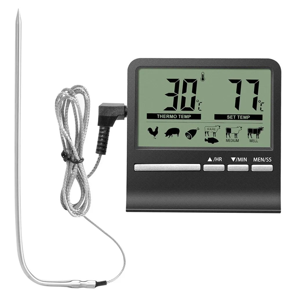 Instant Read Digital LCD Food Thermometer with Timer & Stand Holder - Black