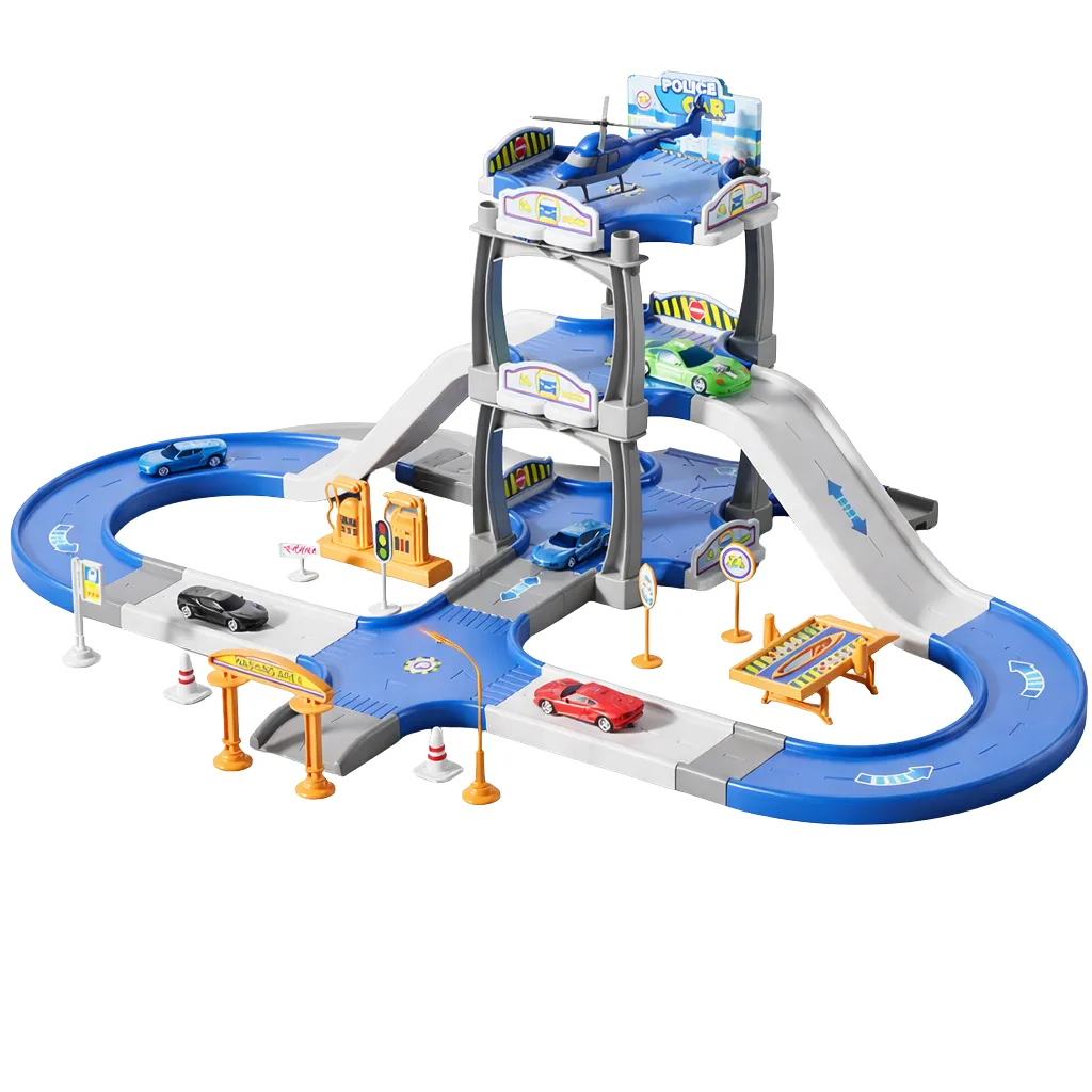 44 Piece Police Theme Multi-Level Parking Garage Track Playset - Blue